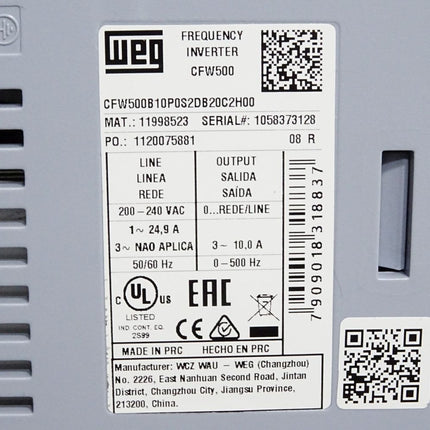 WEG Frequenzumrichter CFW500 CFW500B10P0S2DB20C2H00 0.18 to 132 kW / Neuwertig - Maranos.de