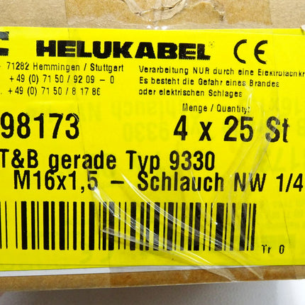 Helukabel 98173 T&B gerade Typ 9330 M16x1.5 Schlauch NW 1/4" / Inhalt:15 Stück / Neu OVP - Maranos.de