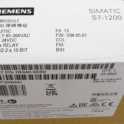 Siemens CPU S7-1200 6ES7215-1BG40-0XB0 / 6ES7 215-1BG40-0XB0 / Neu OVP versiegelt