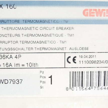 Gewiss Leistungsschalter Thermomagnetische Ausloeser MTX160 16A / GWD7937 / Neu OVP