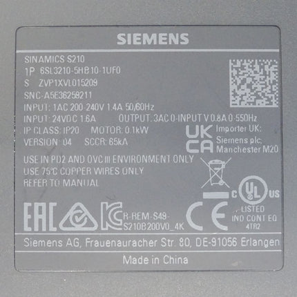 Siemens Sinamics S210 6SL3210-5HB10-1UF0  0.1kW