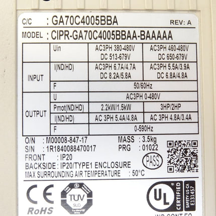 Yaskawa Frequenzumrichter GA700 GA70C4005BBA CIPR-GA70C4005BBAA-BAAAAA 1.5kW-2.2kW - Maranos.de