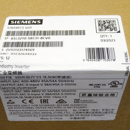 Siemens Sinamics V20 6SL3210-5BE31-8CV0 6SL3 210-5BE31-8CV0 / Neu OVP versiegelt - Maranos.de