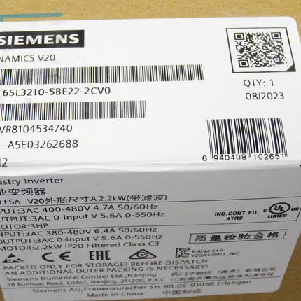 Siemens Sinamics V20 6SL3210-5BE22-2CV0 6SL3 210-5BE22-2CV0 / Neu OVP versiegelt - Maranos.de