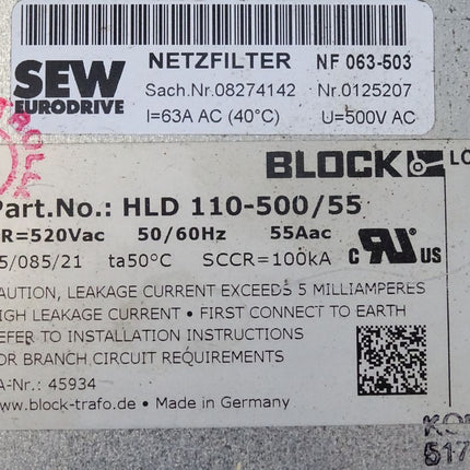 SEW Eurodrive Netzfilter NF063-503 / 0125207 / Block load HLD110-500/55