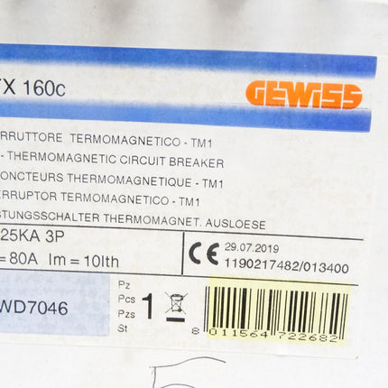 Gewiss Leistungsschalter Thermomagnetische Ausloeser MTX160C 80A / GWD7046 / Neu OVP