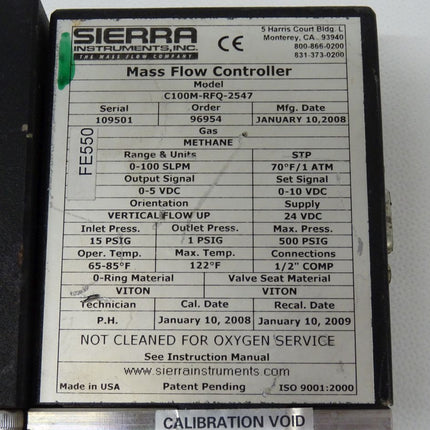 Sierra Instruments Mass Flow Controller C100M-RFQ-2547