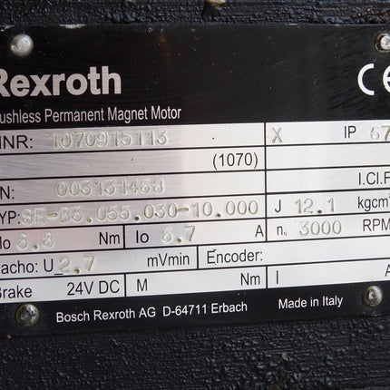 Rexroth Brushless Permanent Magnet Motor Servomotor 1070915113 SE-B3.055.030-10.000 3000RPM 19A