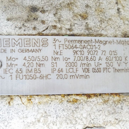 Siemens Permanent Magnet Motor Servomotor 1FT5064-0AC01-2 2000min-1