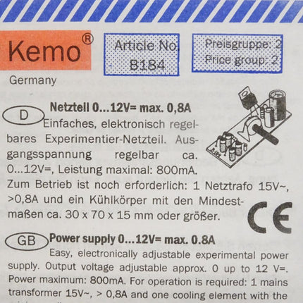 Kemo B184 Netzteil 0...12V 0.8A / Neu OVP - Maranos.de