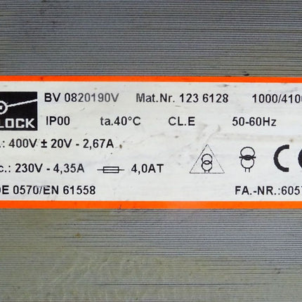 Block Trafo Transformator 1236128 BV0820190V 400V auf 230V
