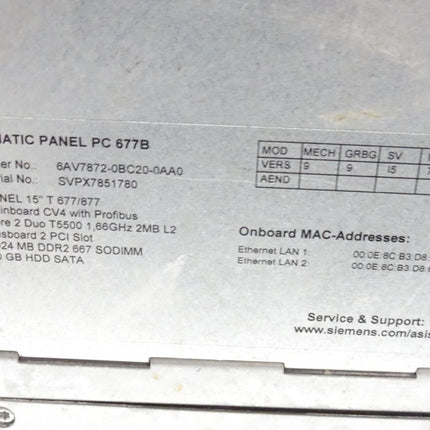 Siemens 6AV7872-0BC20-0AA0 Simatic 6AV7 872-0BC20-0AA0 Panel PC 677B