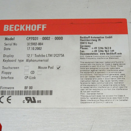 Beckhoff CP7031-0002-0000 CP-Link Interface Control 12,1" Panel