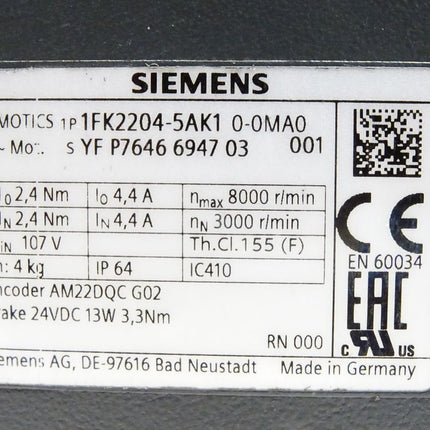 Siemens Simotics S-1FK2 CT Servomotor 1FK2204-5AK1 1FK2204-5AK10-0MA0 / Neu