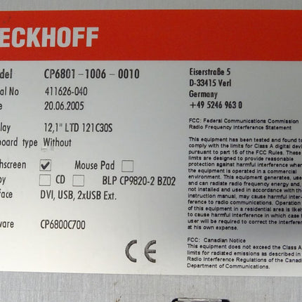 BECKHOFF CP 6801 1006 0010 Touchpanel CP6801-1006-0010