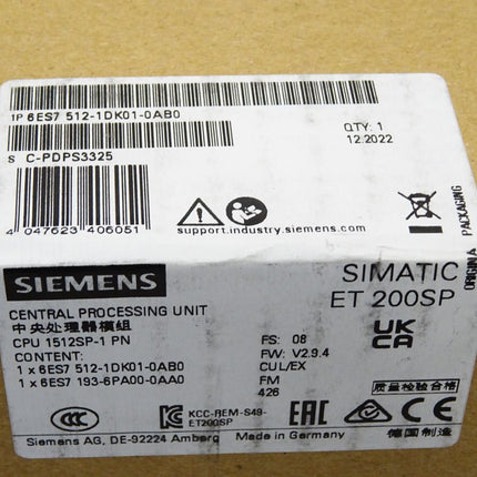 Siemens ET200SP 6ES7512-1DK01-0AB0 6ES7 512-1DK01-0AB0 CPU1512SP-1 / Neu OVP versiegelt - Maranos.de