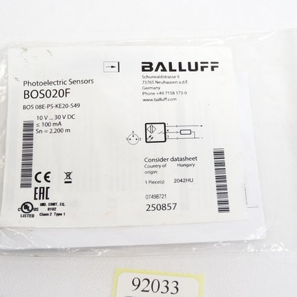 Balluff Photoelectric Sensor BOS020F BOS 08E-PS-KE20-S49 / Neu OVP