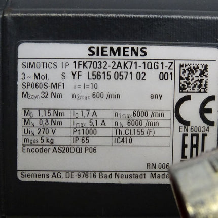 Siemens Simotics Servomotor 1FK7032-2AK71-1QG1-Z 6000min-1 - Maranos.de