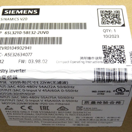 Siemens Sinamics V20 6SL3210-5BE32-2UV0 22kW / Neu OVP versiegelt - Maranos.de