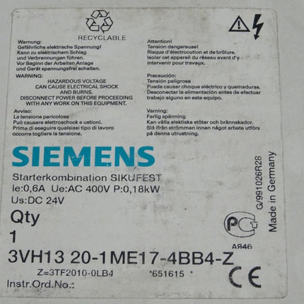 Siemens 3VH1320-1ME17-4BB4-Z SIKUFEST Schütz 3VH1 320-1ME17-4BB4-Z