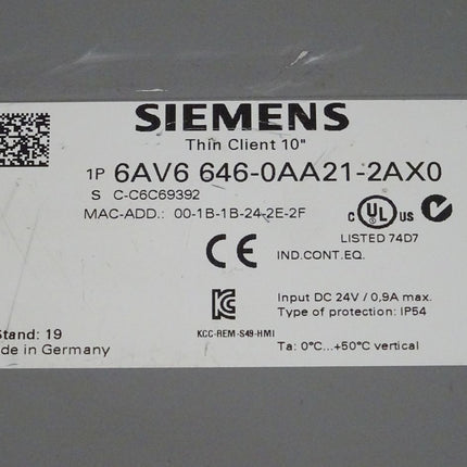 Siemens 6AV6646-0AA21-2AX0 Touchpanel Thin Client 10 6AV6 646-0AA21-2AX0 E:19