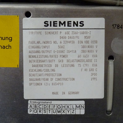 SIEMENS 6SE3560-1AB00-Z Z= K03+P10 / 6SC9836-0FA04 Frequenzumrichter Inverter Simovert