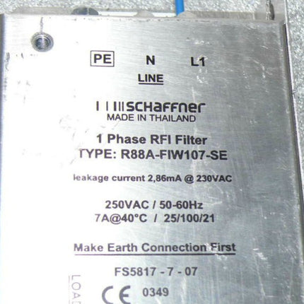 SCHAFFNER 1 Phase RFI Filter / Type: R88A-FIW107-SE / FS5817 - 7 - 07