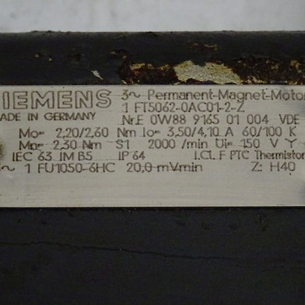 Siemens 1FT5062-0AC01-2-Z Permanent Magnet Motor 2000 Rpm / 1 FT5062-0AC01-2-Z