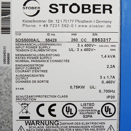 Stöber Stober Servoumrichter SDS5008 SDS5008A/L 55429 0.75kW + ASP5001/0 49137 + DP5000 44575 / Neu OVP - Maranos.de