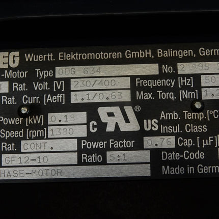 WEG 0DG634 ODG634 D-Motor Drehstrom-Getriebemotor GF12-10 1380rpm i 5:1 0.18kW / Neu - Maranos.de