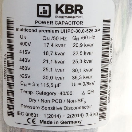 KBR Power Capacitor 400V 50Hz 17.4kvar multicond premium UHPC-30,0-525-3P - Maranos.de