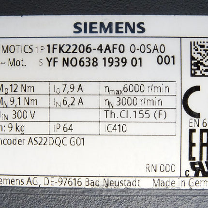 Siemens Simotics S-1FK2 CT Servomotor 1FK2206-4AF0 1FK2206-4AF00-0SA0 / Neu