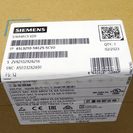 Siemens Sinamics V20 6SL3210-5BE25-5CV0 6SL3 210-5BE25-5CV0  / Neu OVP versiegelt - Maranos.de