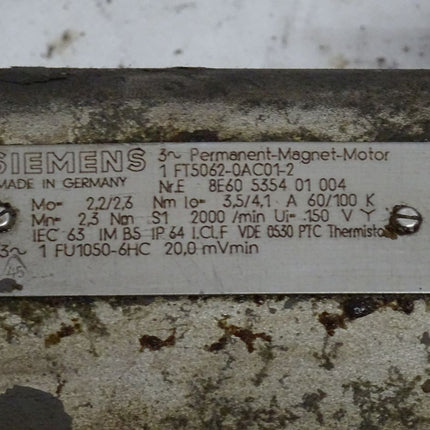 Siemens 1FT5062-0AC01-2 Permanent Magnet Motor 2000 Rpm / 1 FT5062-0AC01-2