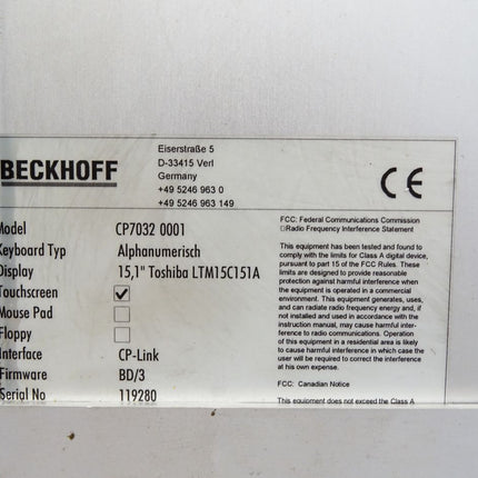 Beckhoff CP70 Control Panel CP7032-0001 15,1" Toshiba LTM15C151A Touchscreen