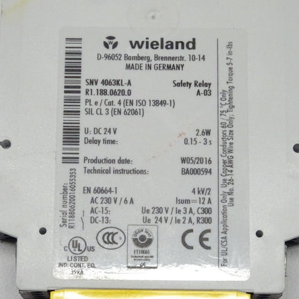 Wieland SNV 4063KL-A Safety Relay A-03 R1188.0620.0 Sicherheitsrelais