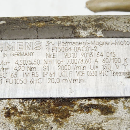 Siemens Permanent Magnet Motor Servomotor 1FT5064-0AC01-2 2000min-1