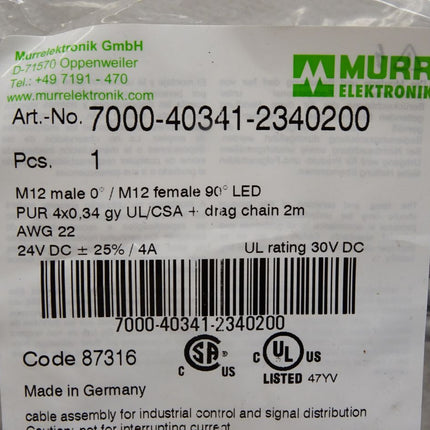 Murr Elektronik Kabel 7000-40341-2340200 / Neu OVP - Maranos.de