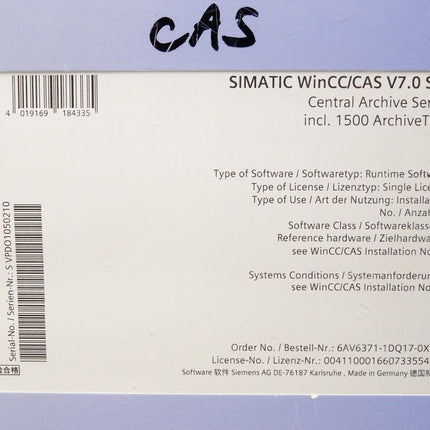 Siemens 6AV6371-1DQ17-0XX0 SIMATIC WinCC/CAS V7.0 SP3 / Neu OVP