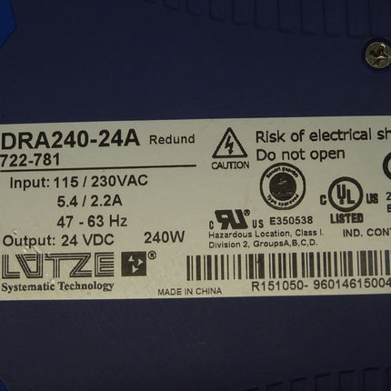 Lutze DRA240-24A / 722-781 / 722781 / Power Supply 24VDC