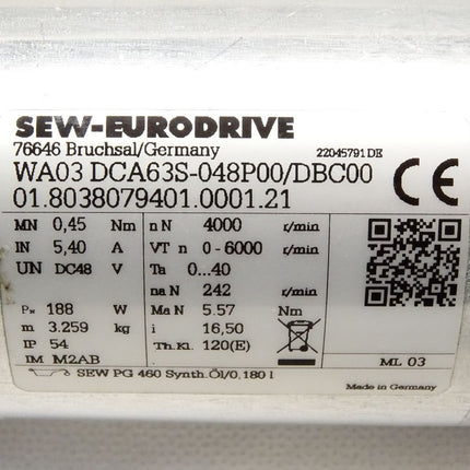 SEW Eurodrive Kleinspannungsantrieb WA03 DCA63S-048P00/DBC00 01.8038079401.0001.21 4000r/min 188W / Neuwertig - Maranos.de