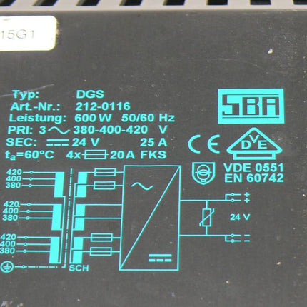 SBA DGS 212-0116 Trafo 600W 50/60Hz Gleichstromversorgung