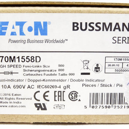 Eaton Bussmann 170M1558D / Sicherungseinsätze 000 10A 690V / Inhalt : 10 Stück / Neu OVP