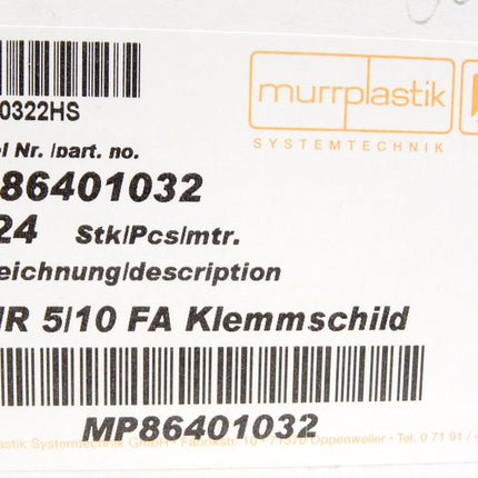 Murrplastik 86401032 KMR5/10 FA Klemmschild / Inhalt : Stück / Neu OVP