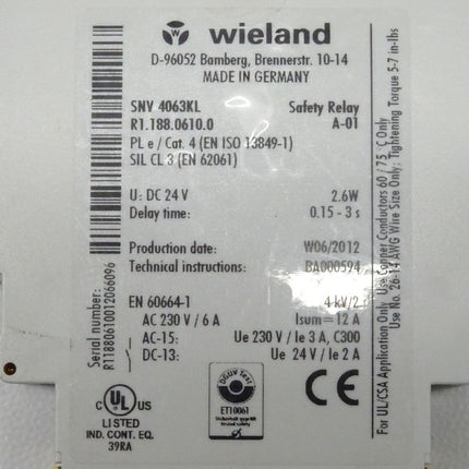 Wieland SNV 4063KL Sefety Relay A-01 R1.188.0610.0 Sicherheitsrelais