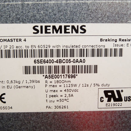 Siemens Micromaster 4 Bremswiderstand 6SE6400-4BC05-0AA0 180Ohm 1125W