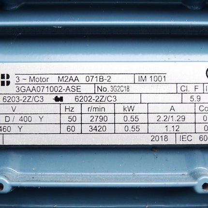 ABB Wechselstrommotor M2AA 071B-2 3GAA071002-ASE 6203-2Z/C3 6202-2Z/C3 2790r/min 0.55kW Neu OVP - Maranos.de