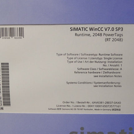 Siemens 6AV6381-2BE07-0AX0 6AV6 381-2BE07-0AX0 WinCC system software V7.0 SP3 Neu OVP - Maranos.de