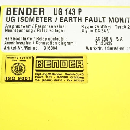 Bender UG143P UG Isometer / UG 143 P Earth Fault Monitor 916384 - Maranos.de