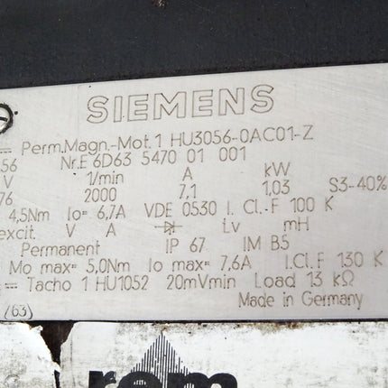Siemens Permanent Magnet Motor Servomotor 1HU3056-0AC01-Z 2000min-1
